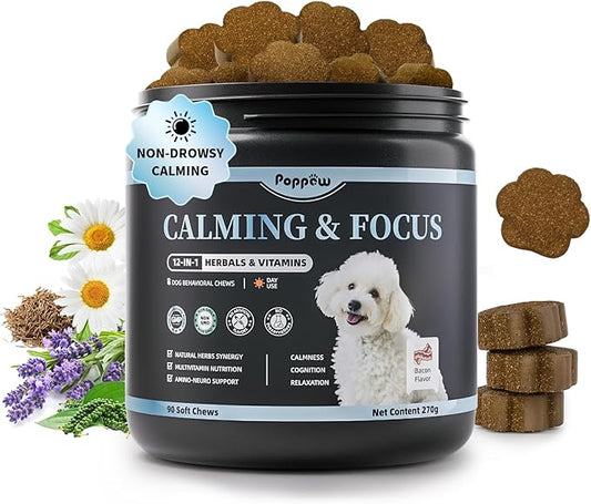Calming Chews for Dogs – Calming Treats for Anxiety, Stress, Separation, Travel&Thunder, Relaxation & Focus Support with L-Theanine, Valerian Root, Chamomile & Ashwagandha, Bacon Flavor, 90Ct-PawvioPets