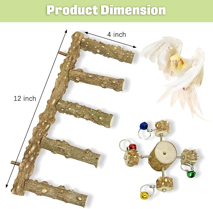 BNOSDM Natural Wood Bird Ladder Perch with Rotating Bell Toys-Exercise Stands for Parrot Climbing Chewing Parakeet Bridge Cage Accessories for Cockatiel, Conures, Lovebirds, Budgie-PawvioPets