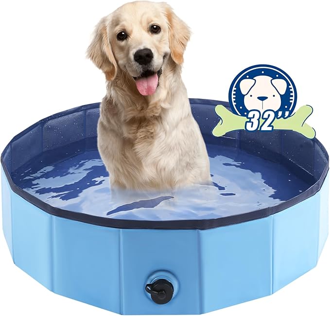 Foldable Dog Bath Swimming Pool Plastic Kiddie Pool Professional Tub Collapsible Grooming Bathtub for Pets Kids Baby and Toddler, 32 x 8 Inches Blue-PawvioPets
