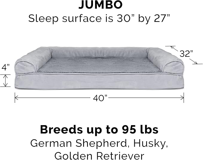 Furhaven Orthopedic Dog Bed for Large Dogs w/ Removable Bolsters & Washable Cover, For Dogs Up to 95 lbs - Plush & Suede Sofa - Gray, Jumbo/XL-PawvioPets
