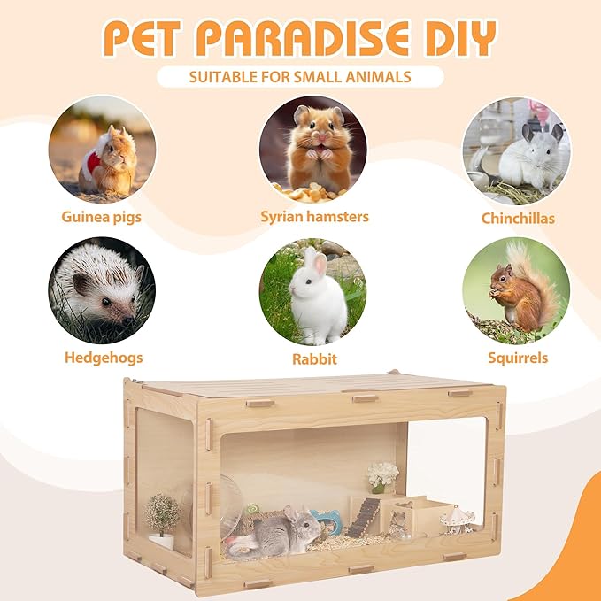 COZIWOW Wooden Hamster Cage Chewproof, Bigger World - 32" Large Hamster Cages and Habitats, Openable Top & 3 Side Acrylic Sheets, Small Animal Cage Pet House for Syrian Dwarf Guinea Pig Chinchilla-PawvioPets