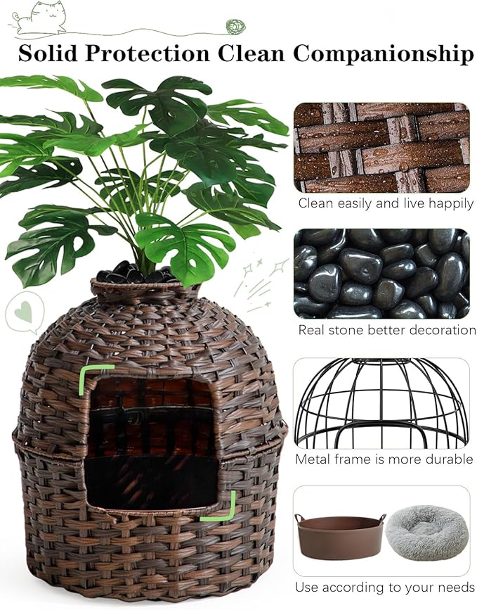Cat Litter Box Plant Furniture Enclosure, Hidden Handwoven Rattan with Cat Litter Box and Artificial Plants, Odor Control Filter, Real Stones in Living Room, Bedroom, Corner (Brown)-PawvioPets