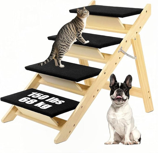 Foldable Dog Stairs/Ramp with 4 Steps - Durable Wooden Pet Stairs for Small, Medium, Large Dogs - Black (5098)-PawvioPets