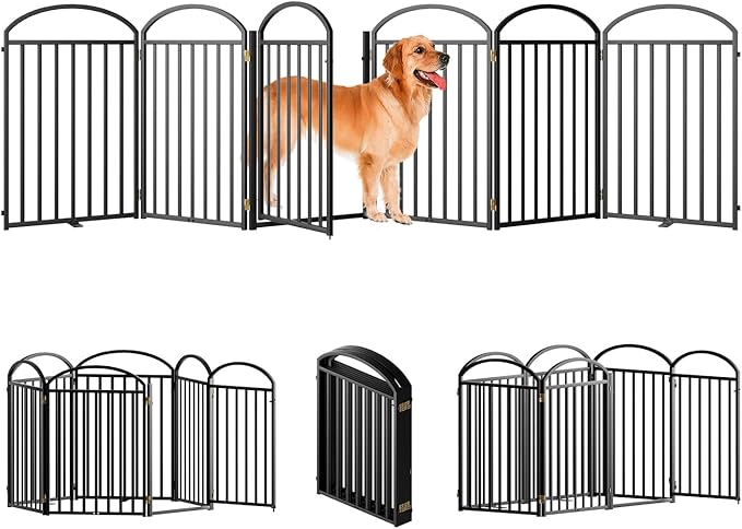6 Panles Full Matel Freestanding Dog Gates with Door, 144"Extra Wide 32"Tall Free Standing Dog Pet Gate for Indoor & Outdoor. Foldable Pet Fences for Doorways, House, Stairs, Porch, Deck, Yard-PawvioPets