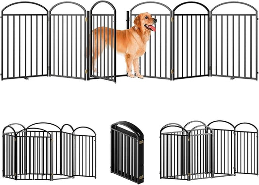 6 Panles Full Matel Freestanding Dog Gates with Door, 144"Extra Wide 32"Tall Free Standing Dog Pet Gate for Indoor & Outdoor. Foldable Pet Fences for Doorways, House, Stairs, Porch, Deck, Yard-PawvioPets