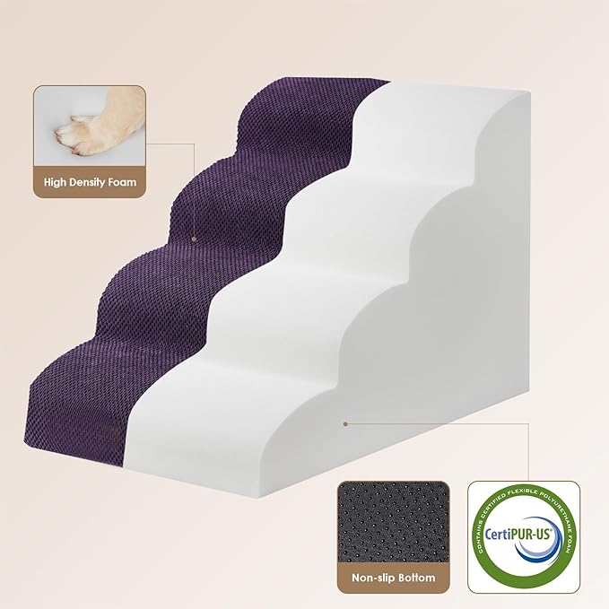 EHEYCIGA Curved Dog Stairs Ramp for High Beds 19.7" H, 4-Step Dog Steps for Small Dogs and Cats, Pet Stairs for High Bed Climbing, Non-Slip Balanced Pet Step Indoor, Purple-PawvioPets