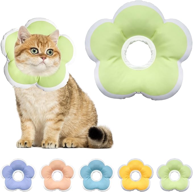 Cat Cone Collar Soft, Waterproof Cats Cones to Stop Licking After Surgery, Adjustable Soft Elizabeth Cats Collars for Wound Healing, Flower Shape Cat Recovery Collar (Green, Small)-PawvioPets