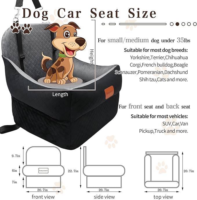 Dog Booster Car Seat for Small/Medium Dogs up to 35 lbs,Interior 7 Inches Elevated Pet Booster Seat,Ultra Soft Fabric and Memory Foam Car Dog Bed,Safety,Comfy,Fully Detachable Washable(H-Black/Grey)-PawvioPets