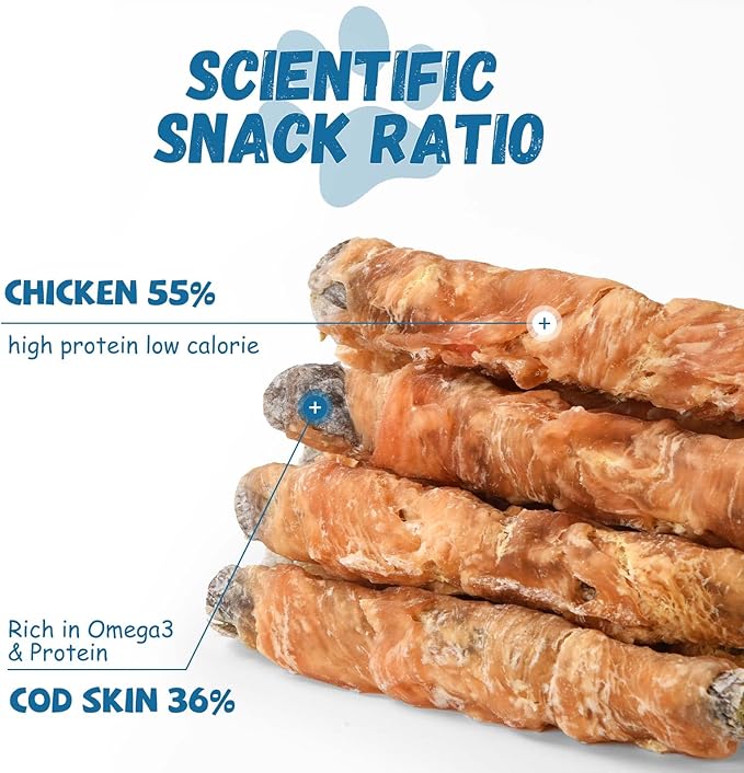 Dog Treats Chicken Wrapped Cod Fish Skin Sticks, Healthy High Protein Omega3 Cod Twist Dog Chews Real Chicken Wrap Teeth Cleaning for Large Medium Small Breeds, 10.6 oz-PawvioPets