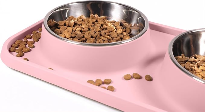Cat Food Bowls, Cat Bowls Non-Skid and Non-Spill Silicone Pads with PP Stand, Removable Stainless Steel Food and Water Dishes for Cats, Small Size Dogs-PawvioPets