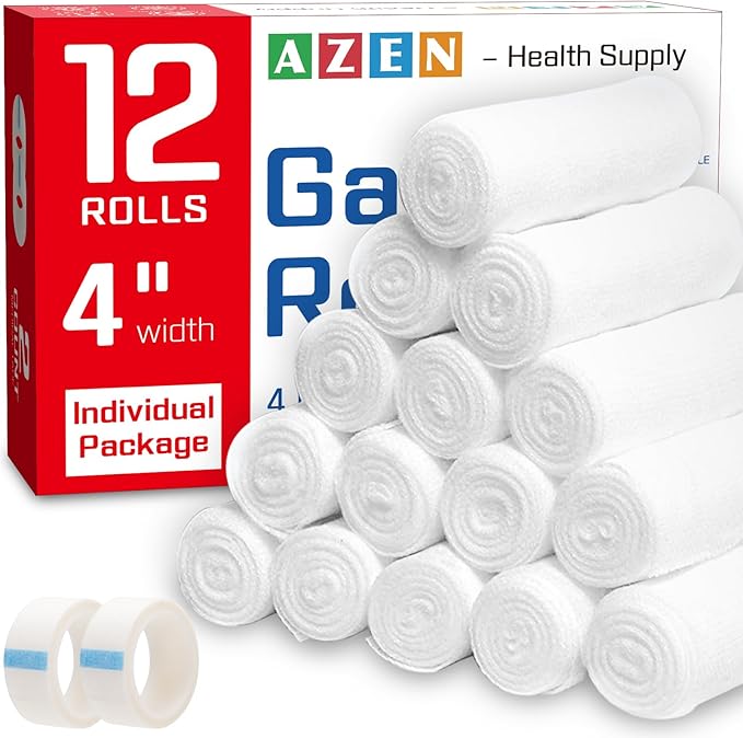 AZEN 12 Pack Gauze Rolls Bandages, 4 in x 4.1 Yards, Premium Medical Supplies & First Aid Supplies, Bandage Wrap Vet Wrap, Mummy Wraps-PawvioPets