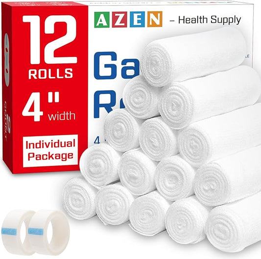 AZEN 12 Pack Gauze Rolls Bandages, 4 in x 4.1 Yards, Premium Medical Supplies & First Aid Supplies, Bandage Wrap Vet Wrap, Mummy Wraps-PawvioPets