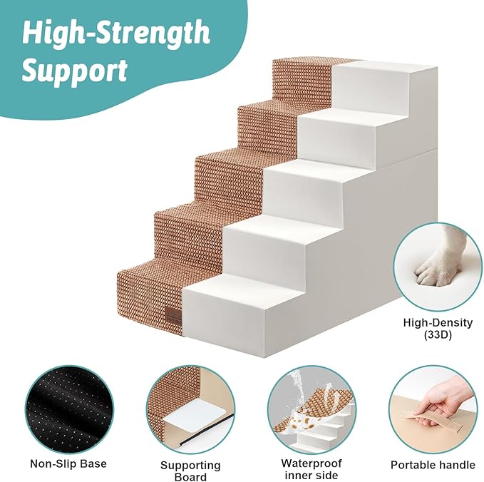 Dog Stairs for Small Dogs, 5 Tier Removable Wider Pet Stairs for Couch and Bed, 23.6" H Non-Slip Dog Steps for Puppies and Old Cats with Support Board, 29.5x19.7x23.6 inch, Light Brown-PawvioPets