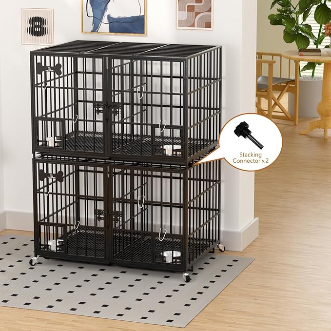 aboxoo 48 inch Stackable Heavy Duty Metal Dog Crate for 4 Dogs/Large Dog,All Metal Open Top Access,Escape Proof Cage,Dog Kennel Indoor with Wheels,Floor Grid, Tray, Divider and Feeding Bowl-PawvioPets