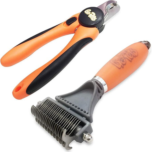 GoPets Grooming Kit Bundle with 2 Sided Dematting Comb and Deshedding Rake + Nail Clipper for Dogs and Cats Includes Nail File and Trimmer-PawvioPets