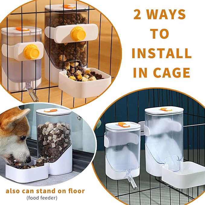 34oz Automatic Rabbit Feeder for Cages, Hanging Auto Bunny Food Bowl Dispenser Small Aniaml Cage Accessories for Ferret Guinea Pig Rat Rabbit Cat Puppy (White)-PawvioPets