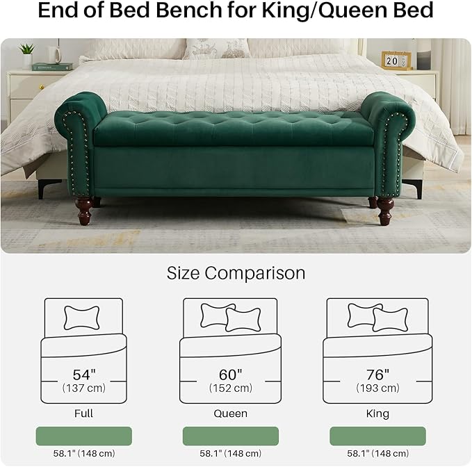 58.1'' Storage Bench Upholstered Velvet End of Bedroom Bed Bench Ottoman with Tufted Cushioned Rolled Arm Large Storage Space for Reading Living Room Entryway,Dark Green-PawvioPets