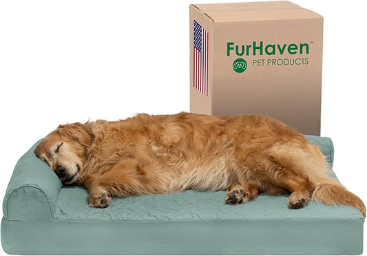 Furhaven Cooling Gel Dog Bed for Large Dogs w/ Removable Bolsters & Washable Cover, For Dogs Up to 95 lbs - Pinsonic Quilted Paw L Shaped Chaise - Iceberg Green, Jumbo/XL-PawvioPets