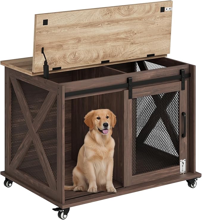 Dog Crate Furniture,37 Inch Indoor Dog Cage with Sliding Barn Door, Flip Top Dog Kennel End Table with Removable Divider, Farmhouse Wooden Pet House for Small to Middle Size Dogs-PawvioPets