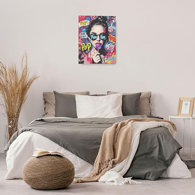 Fashion Women Wall Art Glam Modern Artwork for Girls Banksy Street Graffiti Pop Art Canvas Pictures Painting Print Framed Decorations Gifts for Bedroom Living Room Office 16"x20"-PawvioPets