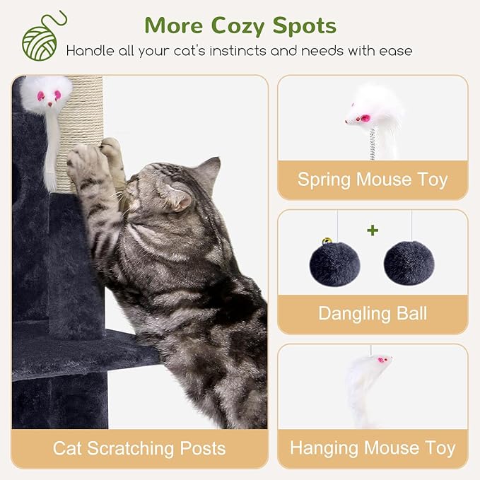 Globlazer Cat Tree Tower for Indoor Cats, 50-inch Adult Cat Tree House for Large Adult Cats with Steps, Scratching Post, 2 Cat Caves, Dangling Toys, FC50, Dark Grey-PawvioPets