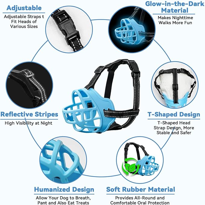 Dog Muzzle for Large Dogs, Breathable Basket Muzzles for Small, Medium and X-Large Aggressive Dog, Allows Panting Drinking, Suitable for Grooming Trimming Training (3, Luminous Blue)-PawvioPets