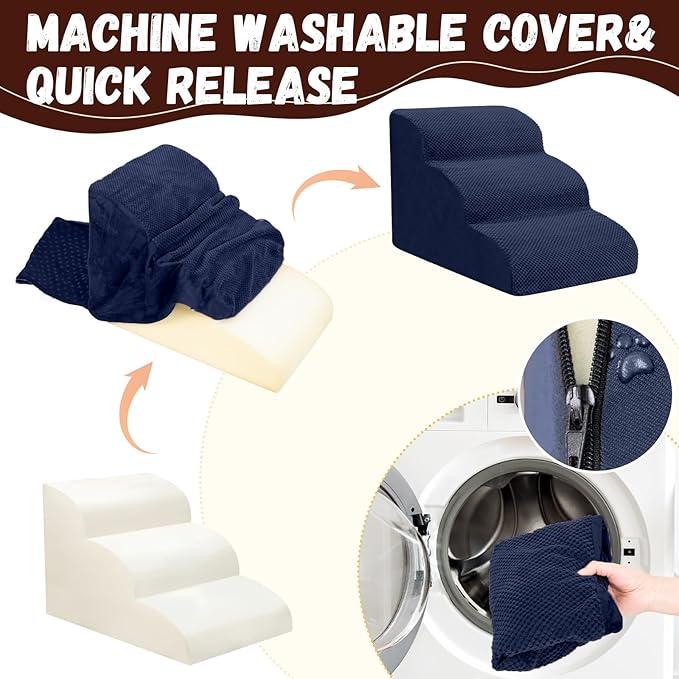 Dog Stairs for Small Dogs - High Density Foam Pet Steps, Extra Wide Dog Ramp with Non-Slip Bottom for High Beds, Couch and Sofa, Best for Dogs Injured, Older Doggy Cats, 3 Steps, Navy-PawvioPets