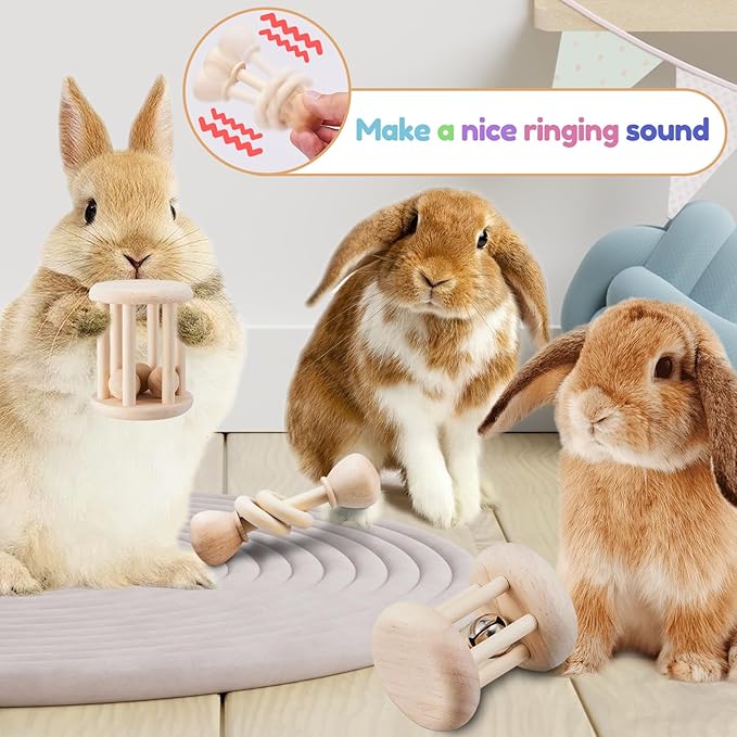 3 Pcs Wooden Bunny Toys - Safe Rabbit & Guinea Pigs Teeth Grinding Toys for Chinchillas, Hamsters & Small Animals - Indoor & Outdoor-PawvioPets
