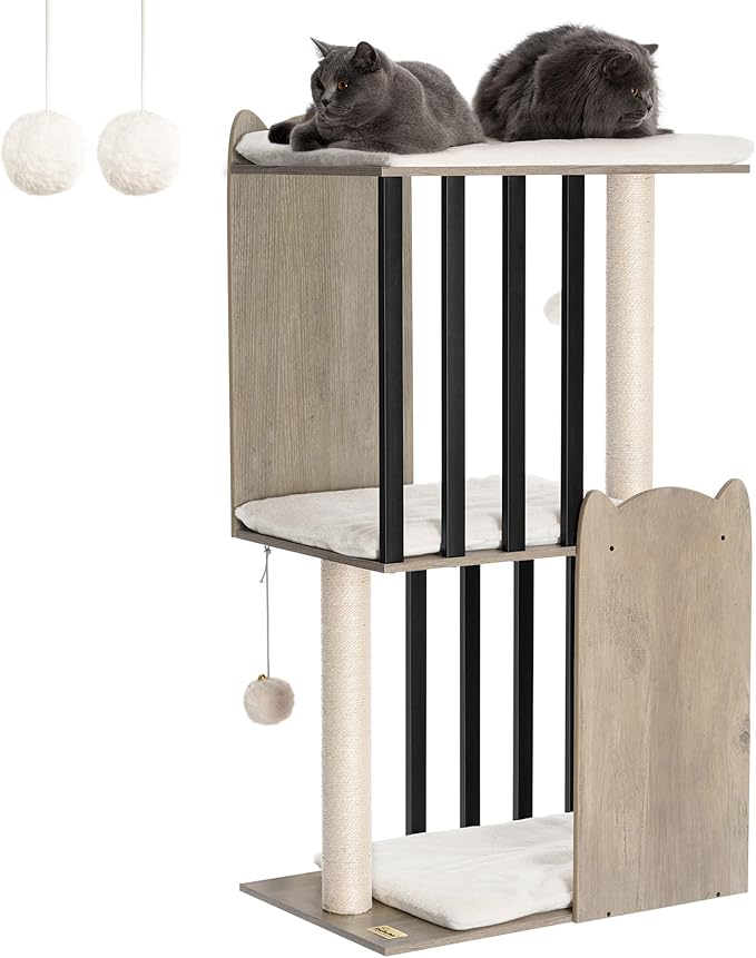 FourFurPets 43.8in 3-Tier Modern Cat Tree Tower Condo, Cat Scratch Posts for Indoor Cats, Big Plate, Two 19.7in Full Sisal Scratching Posts, Greige-PawvioPets