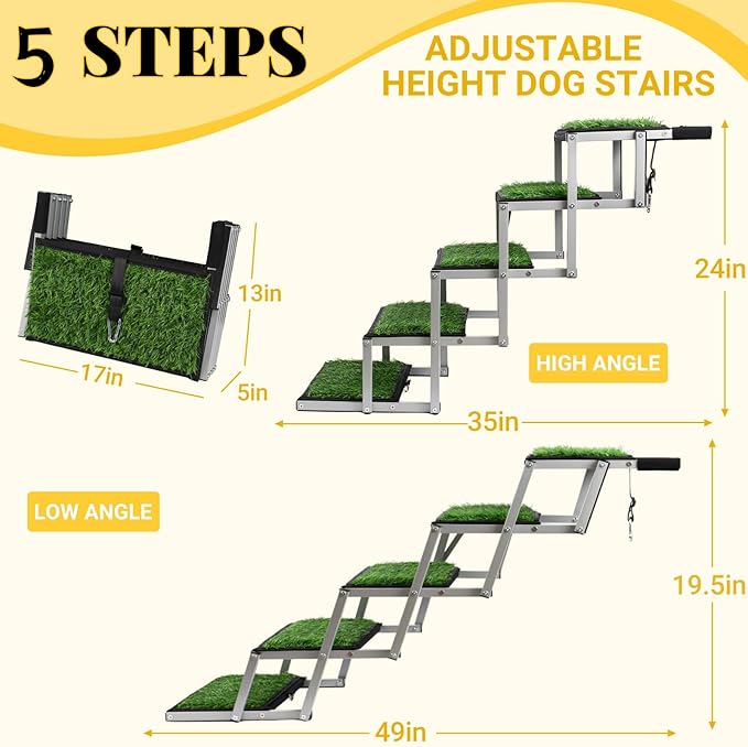 Dog Stairs for Car, Portable Folding Dog Ramps,Dog Steps for Large Dogs with Non-Slip Grass Rug for Cars, SUV, Trucks, Lightweight Pet Ramp Supports Up to 200 lb, 5 Steps-PawvioPets