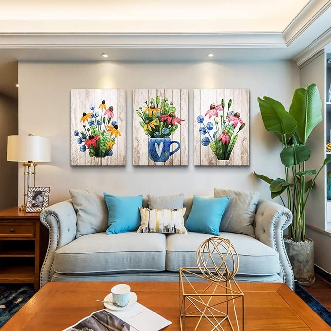 Canvas Wall Art For Kitchen Wall Decoration For Living Room Wall Decor For Bedroom Room Decor Vintage Wood Grain Plant Flowers Wall Painting Office Wall Pictures Artwork Home Decor 16" X 24" 3 Piece-PawvioPets