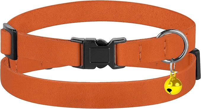 Breakaway Cat Collar Leather with Removable Bell - 13 Colors Available - Soft Adjustable Girl Boy Safety Lightweight Pet Kitten Collars Pink Brown Blue Green Red Orange Black (Orange)-PawvioPets