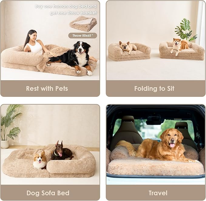 EHEYCIGA Foldable Dog Bed, Faux Fur Fluffy Dog Couch Bed, Orthopedic Calming Memory Foam Pet Bed for Small Dogs, Washable Soft Warm Pet Sofa Bed with Non-Slip Bottom, Camel, 40"x30"x6"-PawvioPets