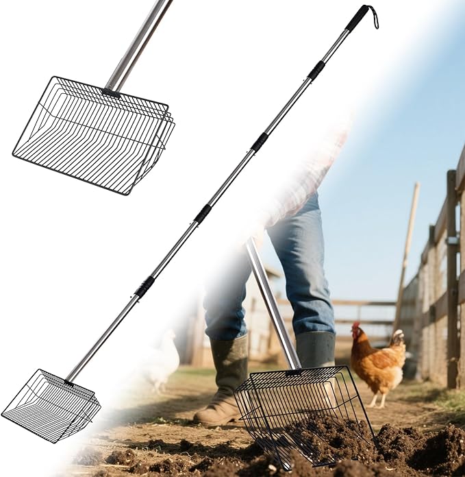 10inch Large Metal Chicken Poop Scooper,32 to 67" Adjustable Long Chicken Coop Litter Scoop,Heavy Duty Sifting Shovel for Chicken Coop & Pet Waste Cleaning-PawvioPets