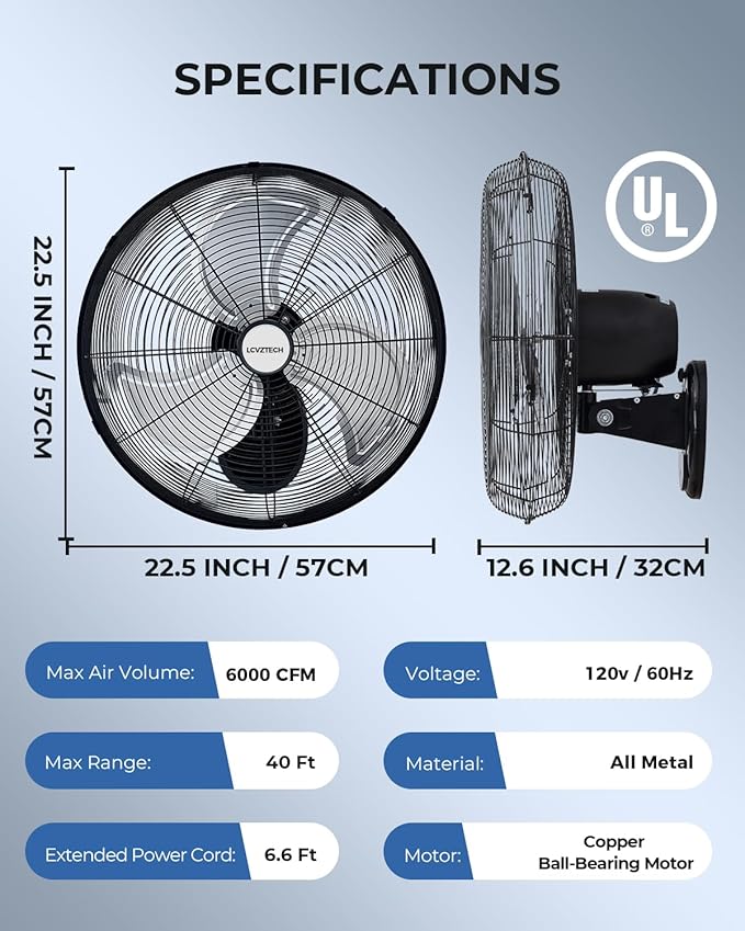 20 inch Wall Mount Fan Oscillating, 3-Speed 5500 CFM High Velocity Industrial Wall Mounted Fan, Heavy Duty Air Circulator for Garage, Shop, Gym, Workshop, Covered Patio - UL Listed-PawvioPets
