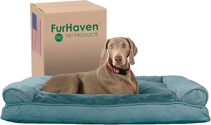 Furhaven Pillow Dog Bed for Large Dogs w/ Removable Bolsters & Washable Cover - Plush & Suede Sofa - Deep Pool, Jumbo/XL-PawvioPets