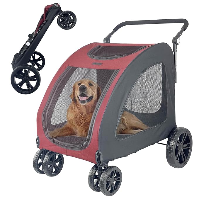 Extra Large Dog Stroller for Medium & Large Pets - Foldable Design, Adjustable Handle, Up to 130 lbs(Red)-PawvioPets