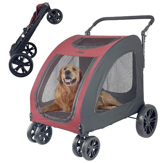 Extra Large Dog Stroller for Medium & Large Pets - Foldable Design, Adjustable Handle, Up to 130 lbs(Red)-PawvioPets