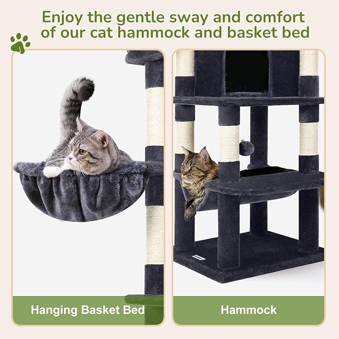Globlazer Corner Cat Tree Tower for Indoor Cats, 51in Multi-Level Cat Condo Tower with Large Hammock, 7 Sisal Scratching Posts, Oversized Top Perch, Spacious Cat Cave, Hanging Basket, C51, Dark Grey-PawvioPets