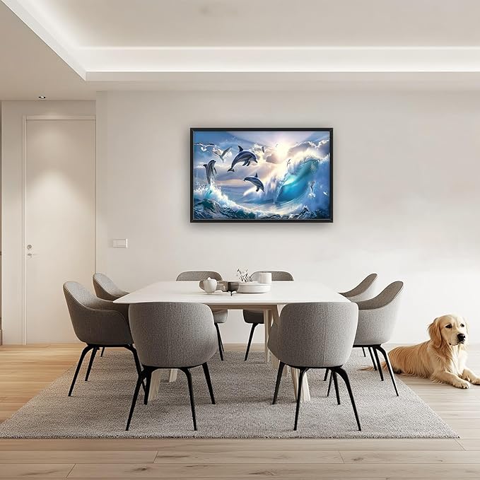 Dolphin Seagull Large Wall Art Sea Ocean Waves Sunrise Pictures Wall Decor Nautical Coastal Canvas Print Painting Artwork for Bathroom Living Room Bedroom 36L" x 24W"-PawvioPets