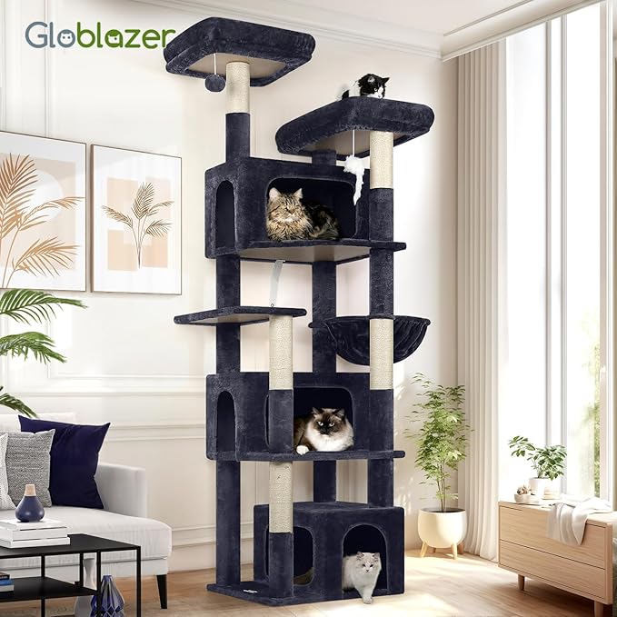 Globlazer Sturdy Cat Tree for Large Cats, 77 inch Large Cat Climbing Tower for Indoor Adult Cats, Cat Scratching Tower with 5 Scratching Posts, 3 Cat Condos, 2 Top Perches, S77, Dark Grey-PawvioPets