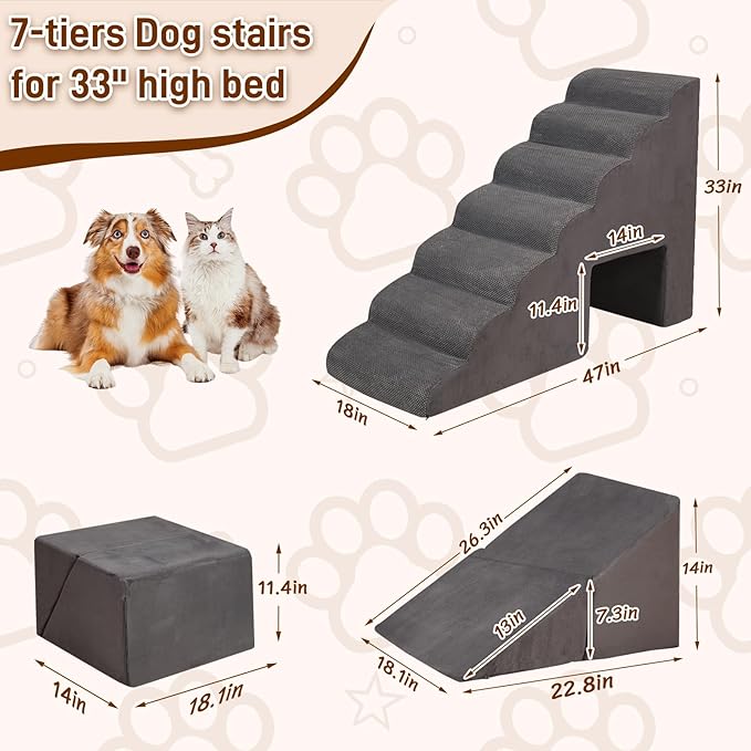 Dog Stairs & Steps for High Beds 30-36 inches High Tall for Large Medium Dogs, LitaiL 30inch 7 Steps Pet Stairs/Steps for High Beds,llDogs, Non-Slip Dog Ramps for Small Dogs and Cats-PawvioPets