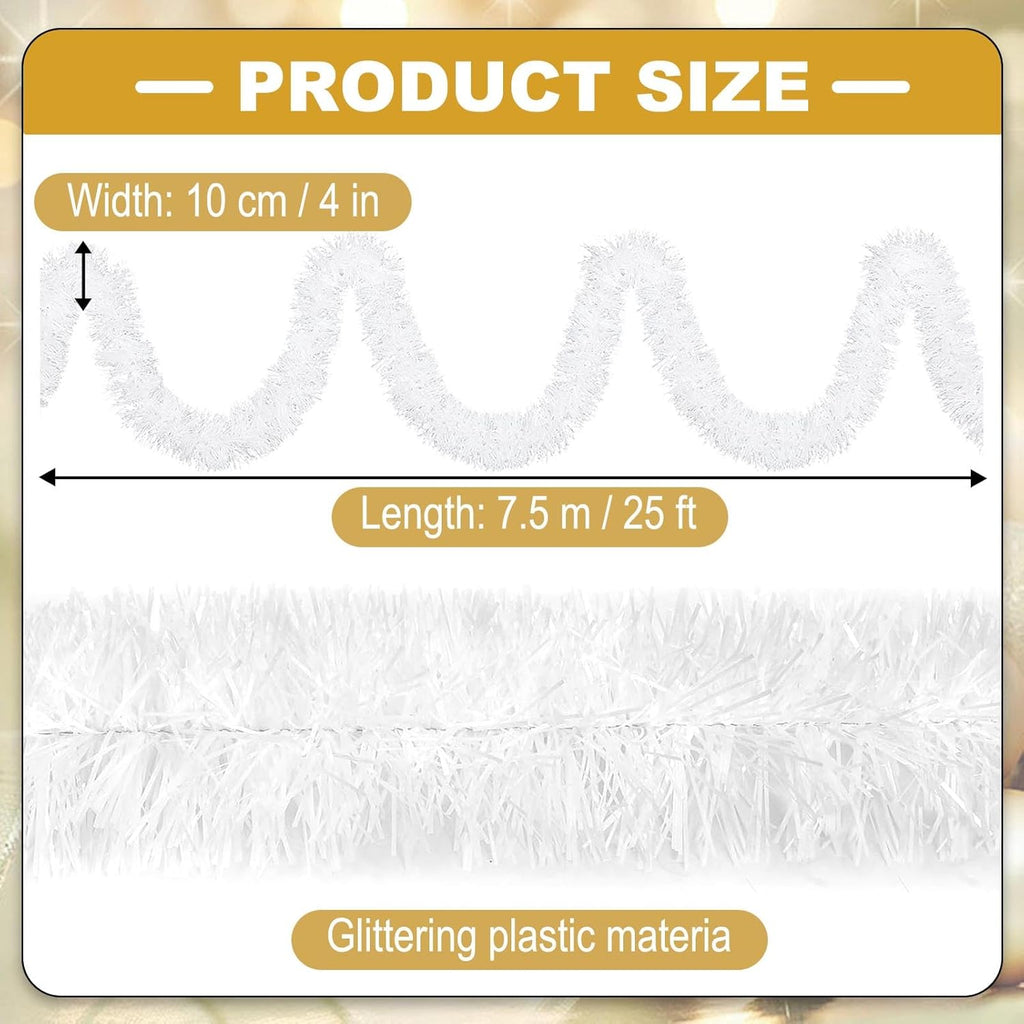 Macaron 25ft Metallic Twist Tinsel Garland - Wall Hanging Backdrop for Christmas Eve, New Year & Valentine's Day Parties (White, 4in x 25ft)