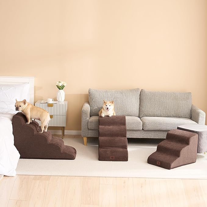 EHEYCIGA Curved Dog Stairs Ramp for High Beds 22.6" H, 5-Step Dog Steps for Small Dogs and Cats, Pet Stairs for High Bed Climbing, Non-Slip Balanced Pet Step Indoor, Brown-PawvioPets