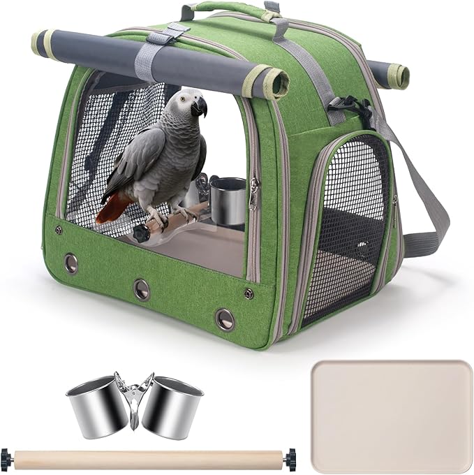 Bird Carrier Parrot Travel Cage with Perch, Food Bowl, Tray and Breathable Clear Window, Bird Travel Bag for African Gray Cockatiel Caique Conure Quaker, for Vetting Camping Hiking (Green)-PawvioPets