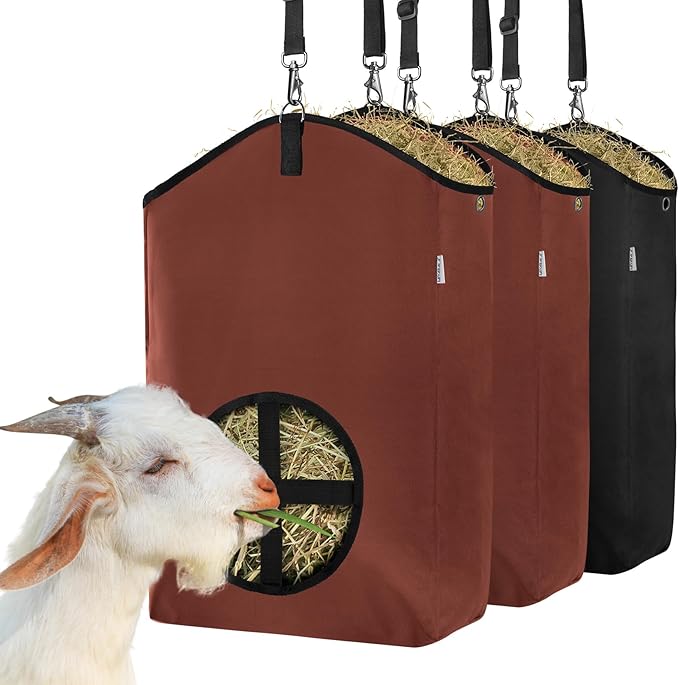 3 Packs Goat Hay Feeder,Hay Bags for Goats,Horses,Sheep,Premium 600D Oxford Cloth,with Metal Fastener and Adjustable Open Feed Hole for Slow Feeding. (2Brown + 1Black)-PawvioPets