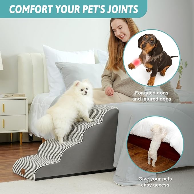 Dog Stairs for Small Dogs 19.7" H, Curved Dog Step for Puppy, Older or Cat, Medium Pet Ramp for Sofa, Couch or Bed, Ladder with High Density Foam, 15.7x28.3x19.7 inch, 4 Step, White Black-PawvioPets