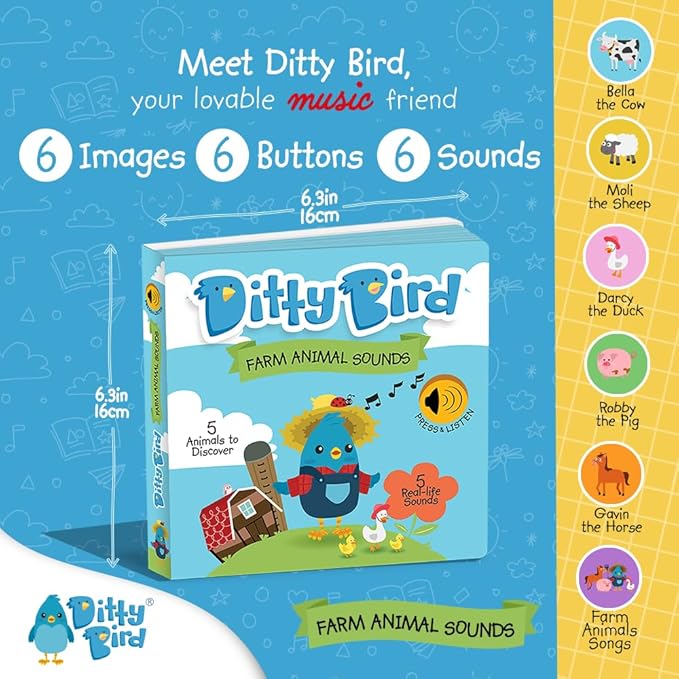 Ditty Bird Farm Animals Sound Book for Toddlers | Interactive Farm Board Book with Real Animal Sounds | Touch & Sound Book for Ages 1-3 | Sensory, Musical Book for Toddlers-PawvioPets