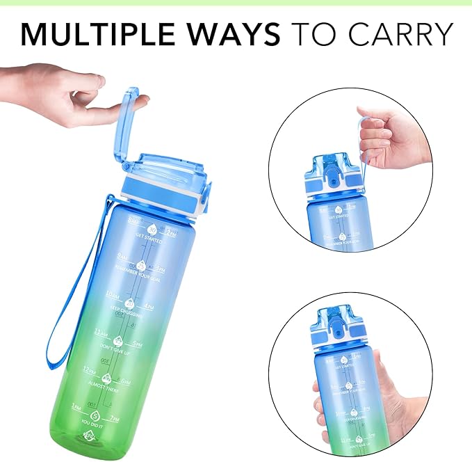 32oz Motivational Water Bottles with Time Marker & Fruit Strainer, Transparent Gradient Color Water Bottle with Times to Drink, Leakproof & BPA Free, Reusable Bottle with Strap (No Straw)-PawvioPets