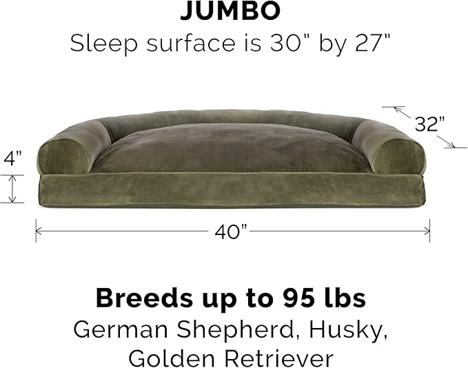 Furhaven Pillow Dog Bed for Large Dogs w/ Removable Bolsters & Washable Cover - Faux Fur & Velvet Sofa - Dark Sage, Jumbo/XL-PawvioPets